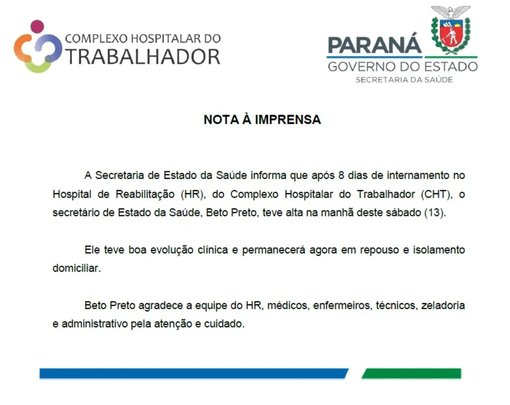 Imagem ilustrativa da imagem Secretário de Estado da Saúde recebe alta após oito dias internado com a Covid-19