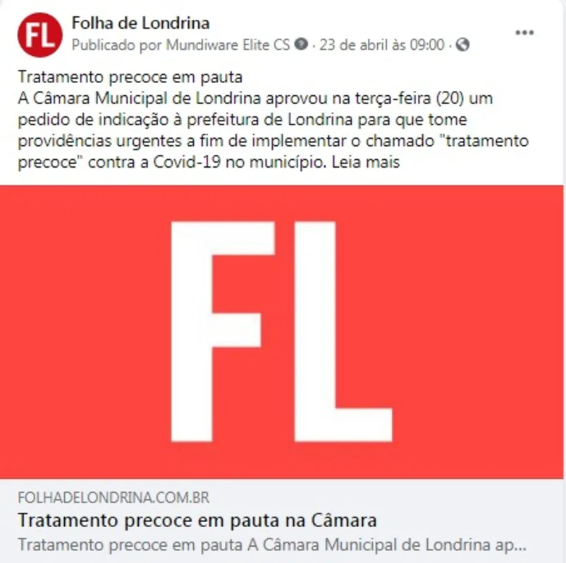 Imagem ilustrativa da imagem FOLHA NAS REDES - Tratamento precoce