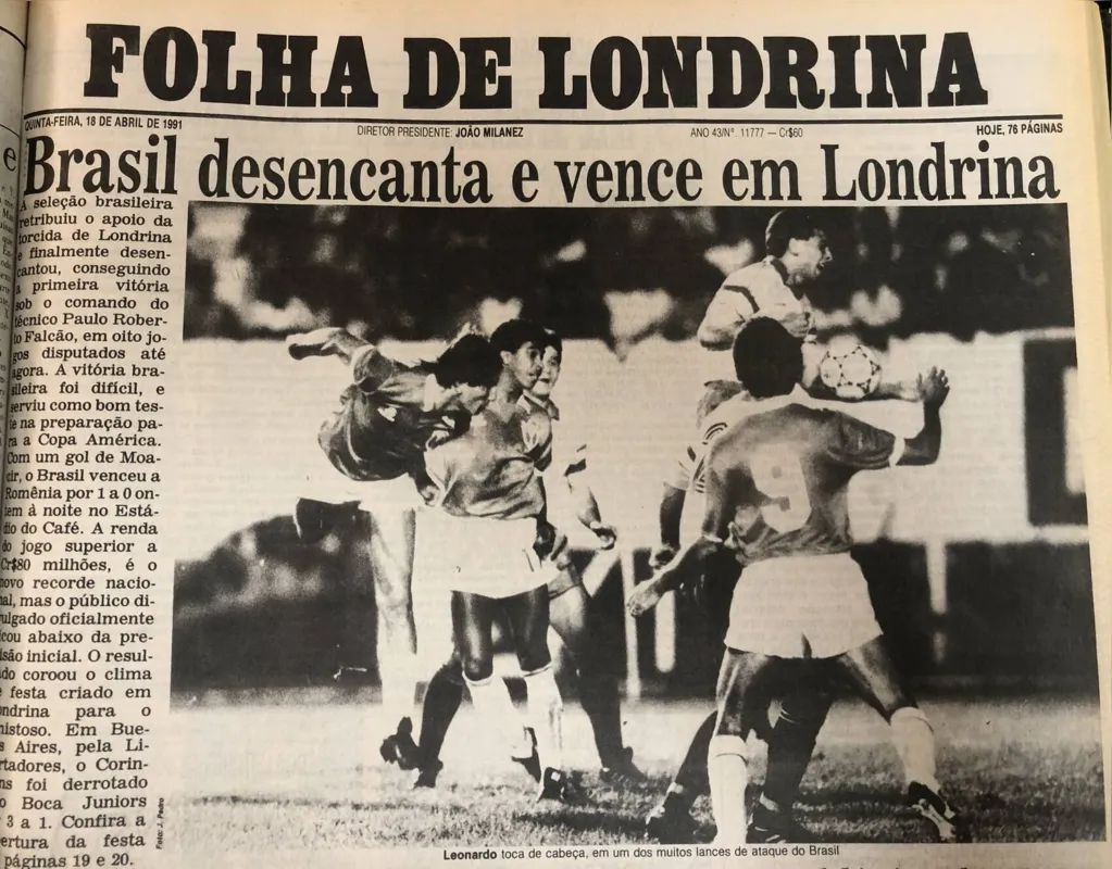 Jogo foi manchete da FOLHA na edição de 18 de abril de 1991