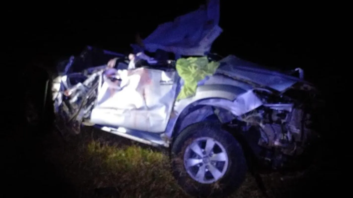 A caminhonete invadiu a pista oposta , capotou e caiu em um pasto à margem da rodovia. 