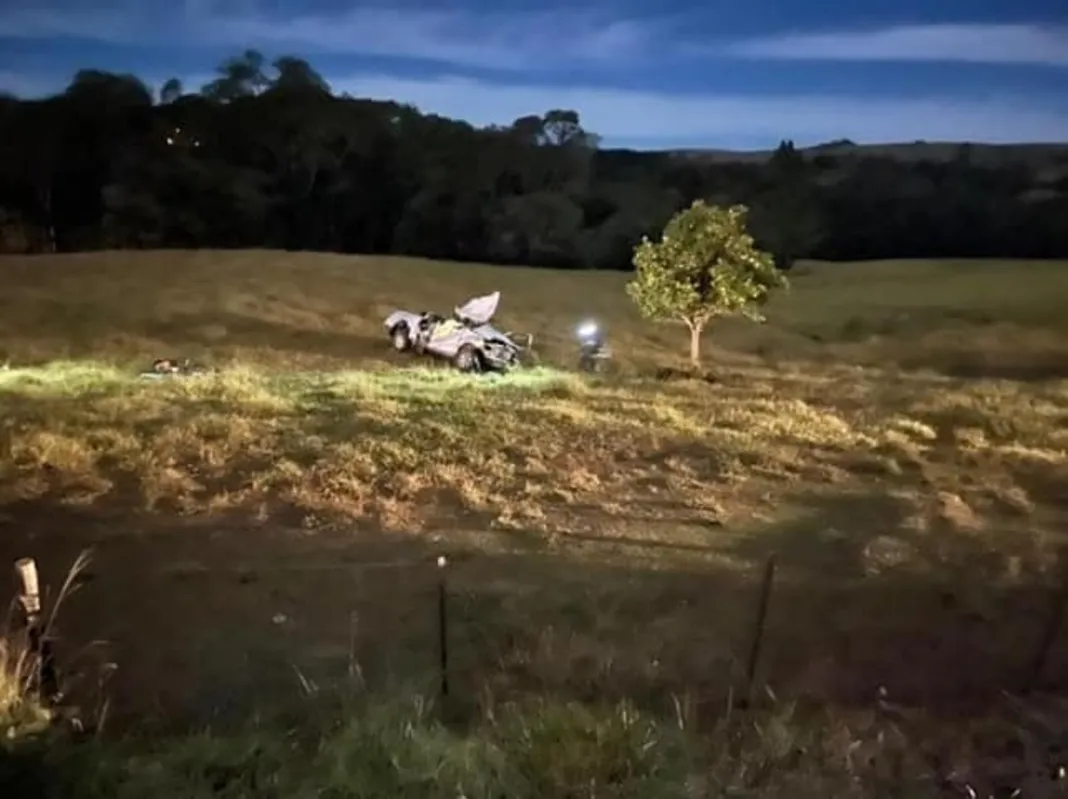 A caminhonete invadiu a pista oposta , capotou e caiu em um pasto à margem da rodovia. 