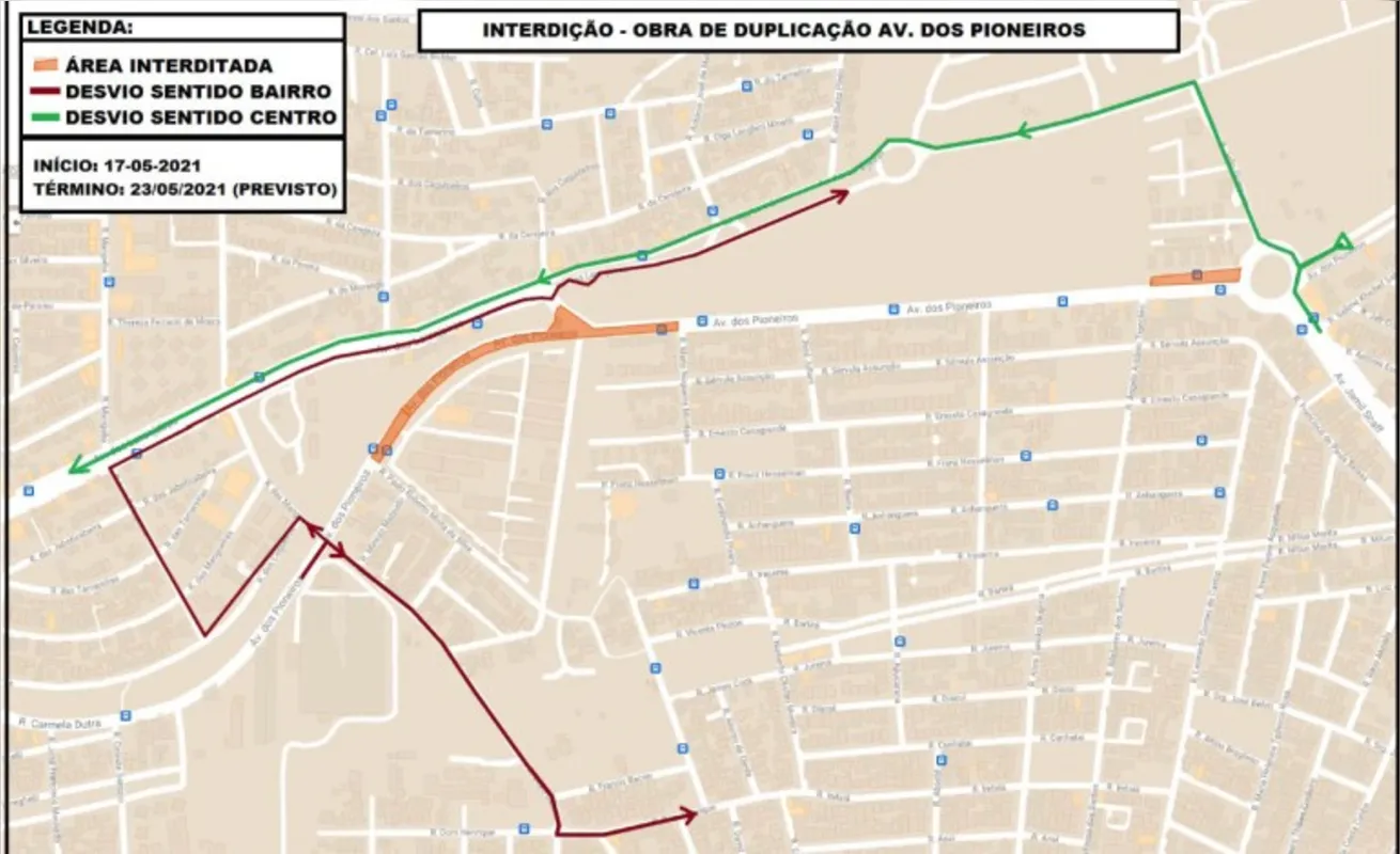 Imagem ilustrativa da imagem Avenida dos Pioneiros: trecho fica interditado de terça a sábado