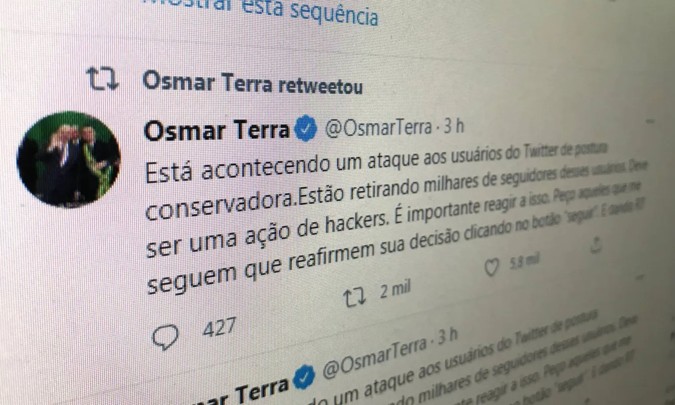 No Twitter, o deputado federal Osmar Terra reclama de ataque aos usuários de postura conservadora