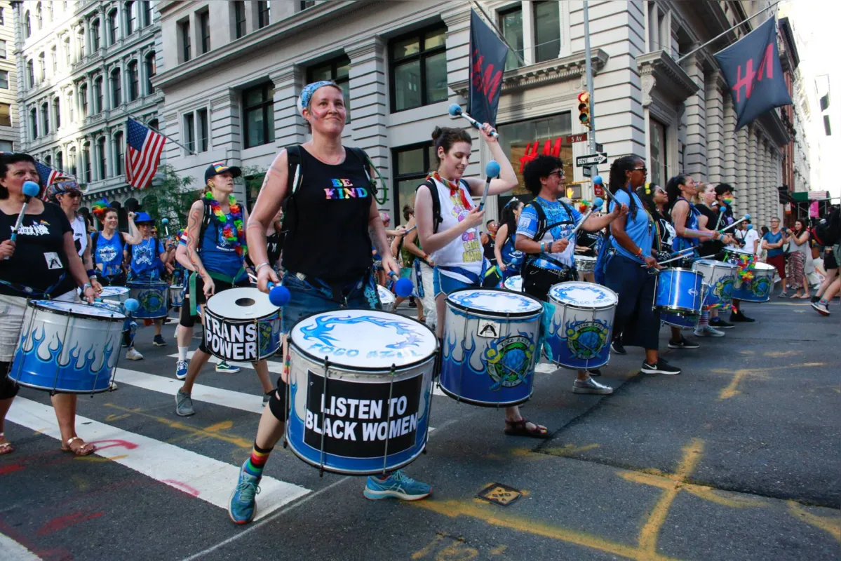 Percussionists lead the annual Dyke March in New York, on June 26, 2021. (Photo by Kena Betancur / AFP)