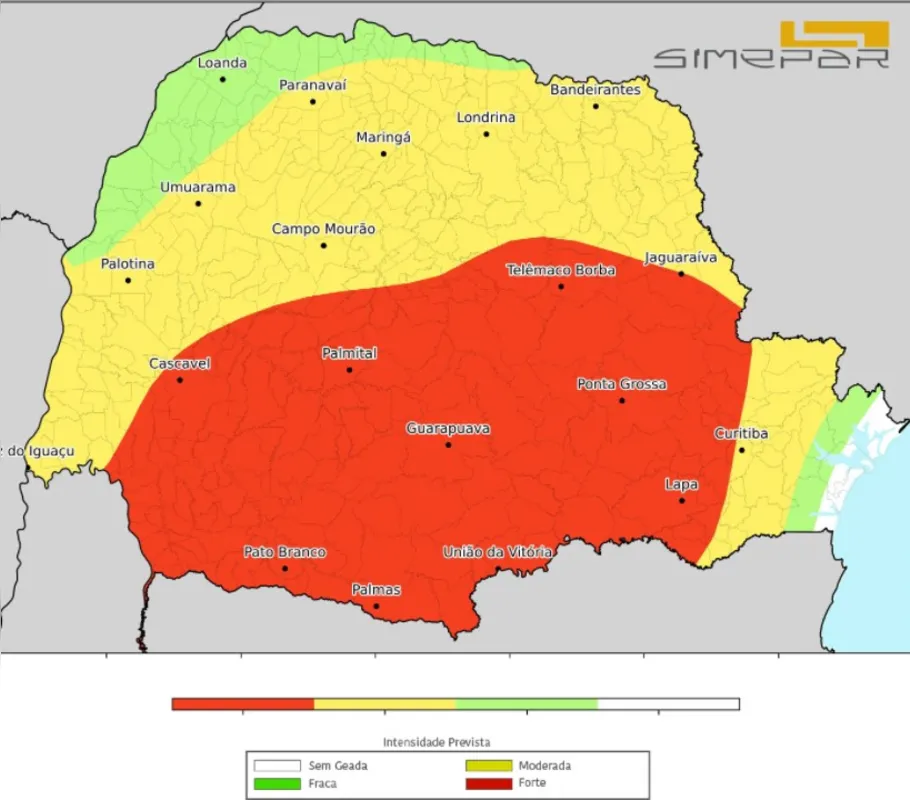 Nesta segunda-feira, a massa de ar frio e seco avança pelas diversas regiões do estado. Assim, as temperaturas apresentam uma queda brusca em todas as regiões com previsão de geada em grande parte do estado. Nas regiões da metade sul, a previsão é de geada moderada a forte, entre o noroeste e norte, há previsão de geada fraca a moderada.