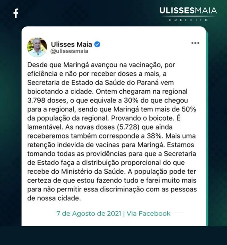 Imagem ilustrativa da imagem Sesa-PR rebate críticas do prefeito de Maringá sobre “boicote” no envio de vacinas