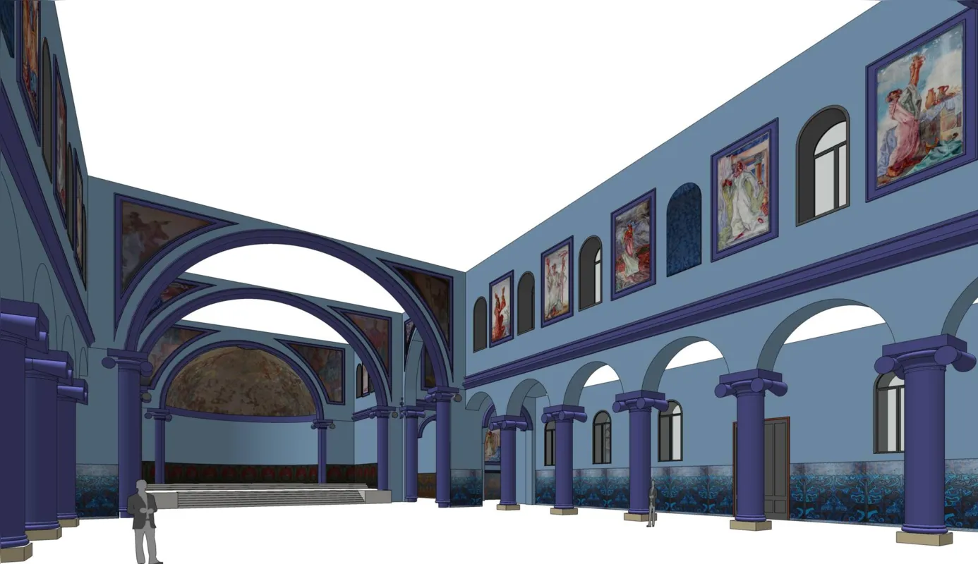 Arte que reconstitui digitalmente como era a nave da catedral com os painéis envoltos pela cor azul original. 