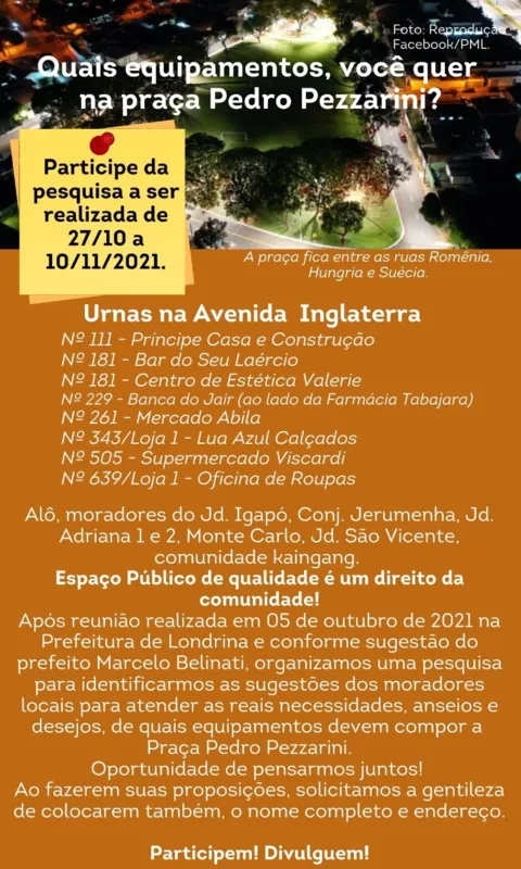 Imagem ilustrativa da imagem Moradores do Jd. Igapó fazem pesquisa sobre a Praça Pedro Pezzarini
