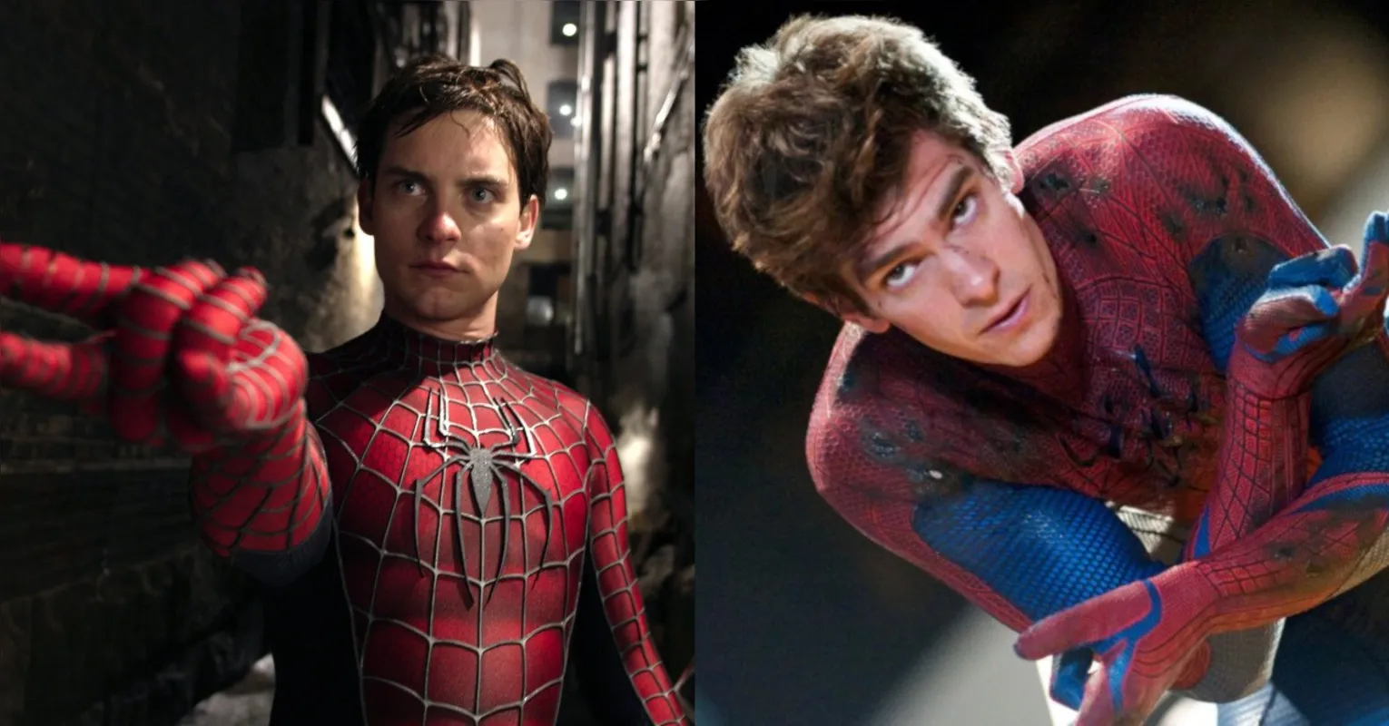 Tobey Maguire (à esquerda) e Andrew Garfield (à direita) nos filmes anteriores de Homem-Aranha