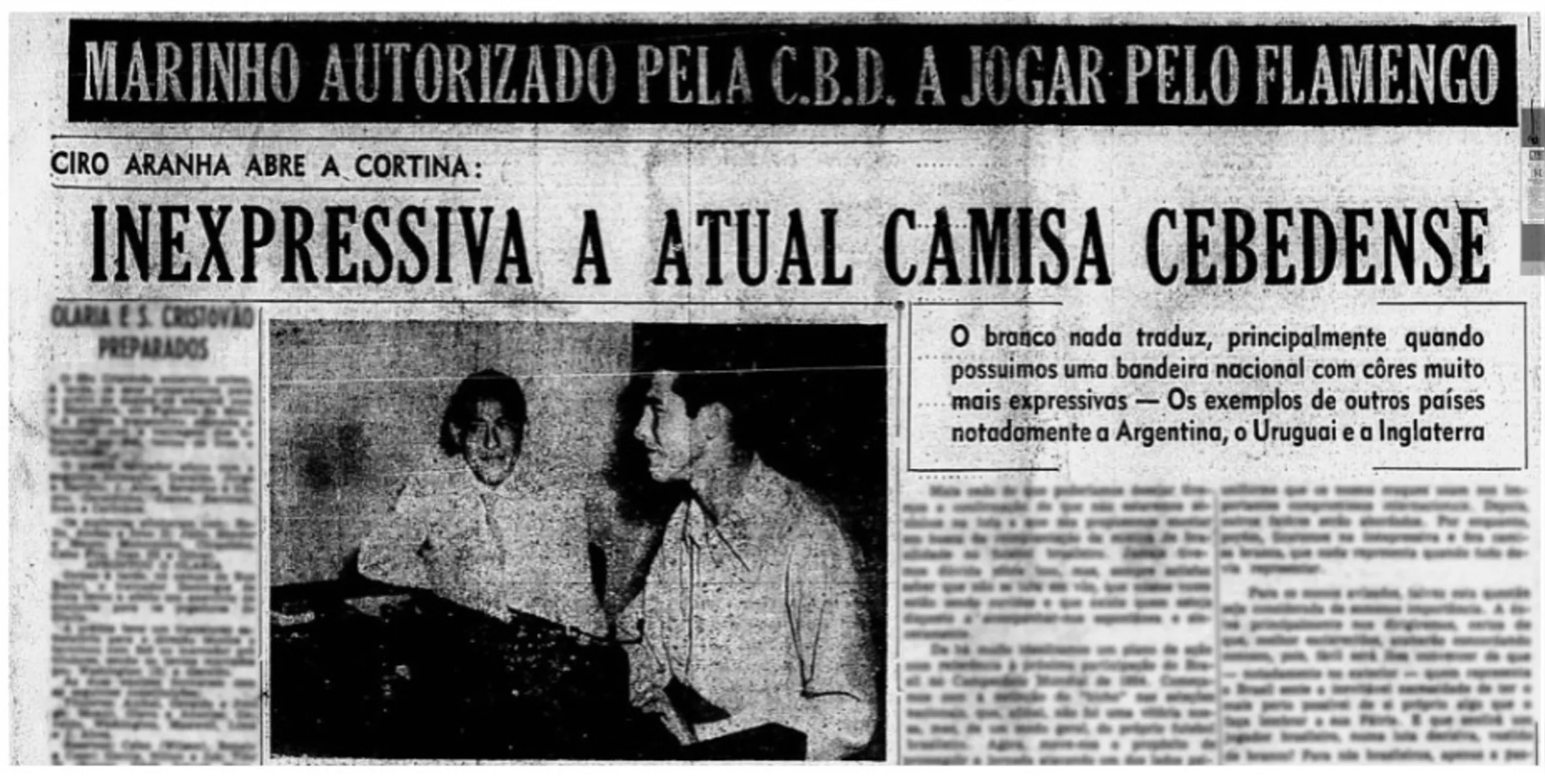 Manchete do Jornal Correio da Manhã critica o uniforme branco utilizado até 1950 pela seleção brasileira