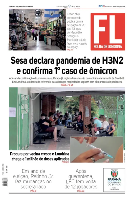 Imagem ilustrativa da imagem Confira a capa da edição impressa desta quinta-feira - 13 de janeiro de 2022