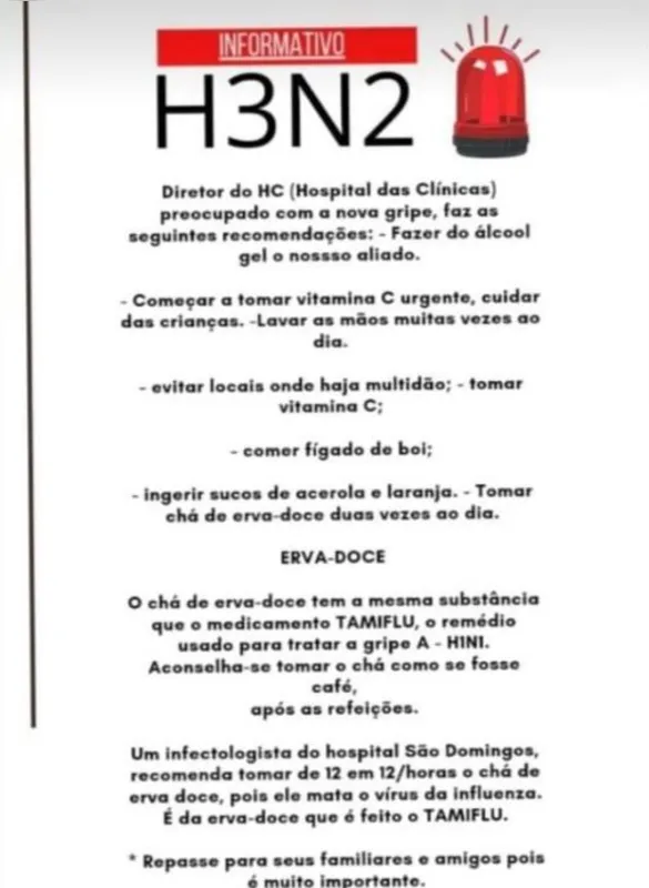 Imagem traz recomendações falsas e que já foram desmentidas pelo Ministério da Saúde em 2020