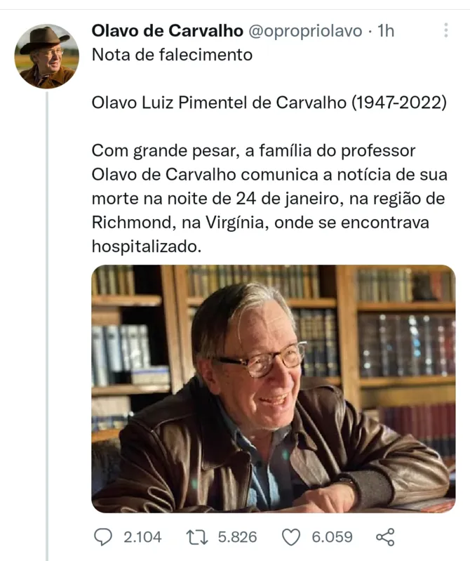 Olavo de Carvalho morreu aos 74 anos.