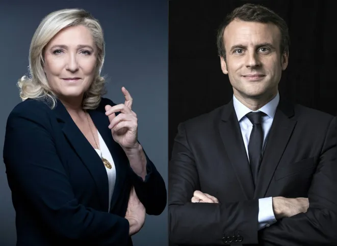 Marine Le Pen e  Emmanuel Macron:  diferença entre os dois, que chegou a ser de 16 pontos no começo de março, foi diminuindo de forma constante na reta final da campanha