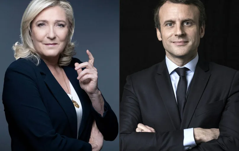 Marine Le Pen e  Emmanuel Macron:  diferença entre os dois, que chegou a ser de 16 pontos no começo de março, foi diminuindo de forma constante na reta final da campanha