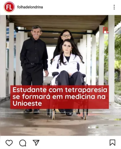 Imagem ilustrativa da imagem FOLHA NAS REDES - Estudante com tetraparesia se formará em medicina na Unioeste