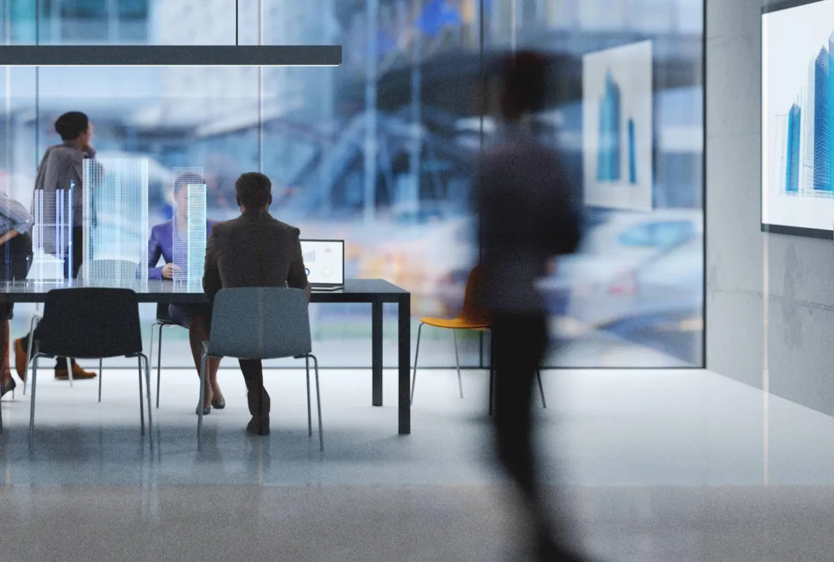 Group of people working in a modern board room with augmented reality interface, all objects in the scene are 3D