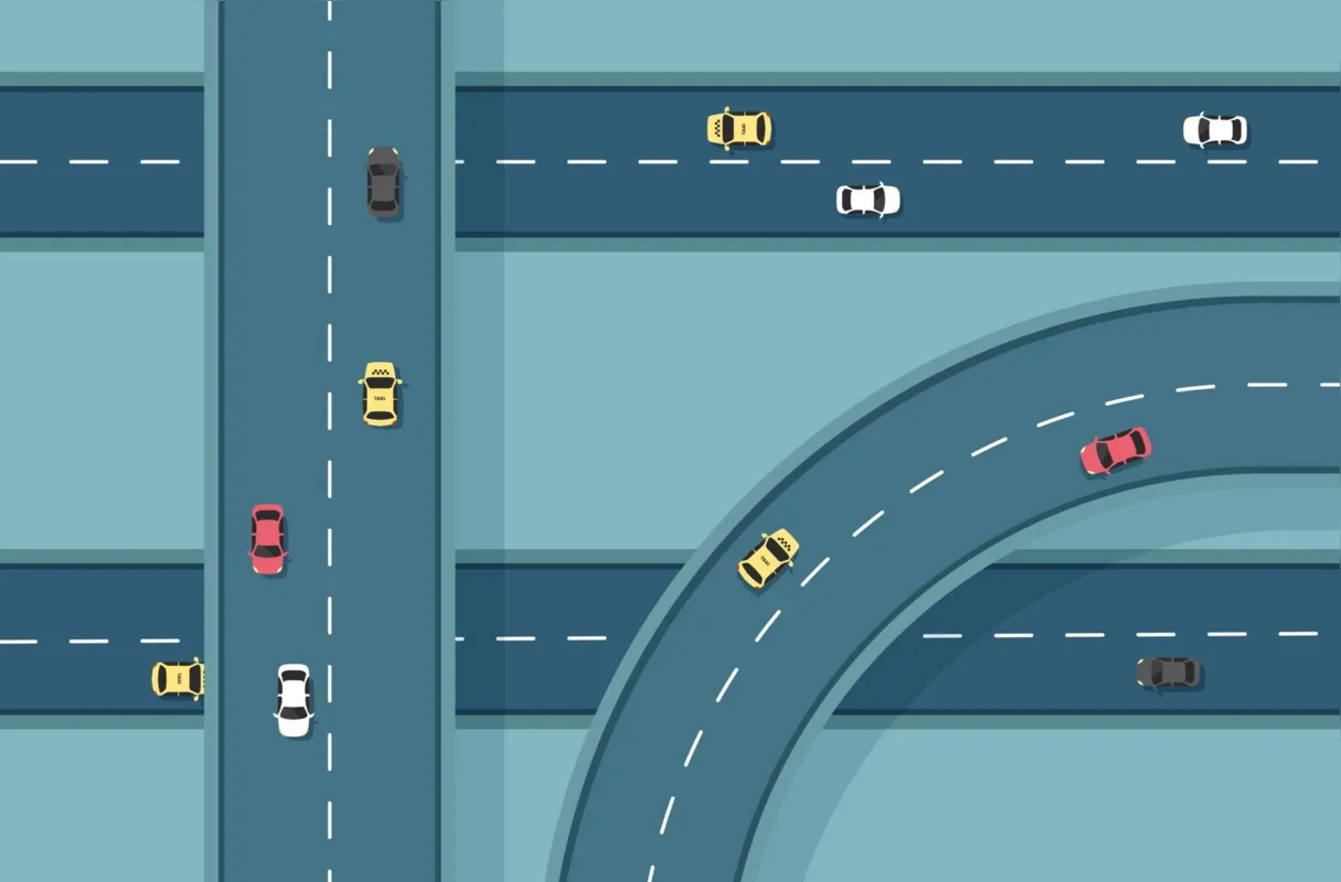 Top view road with different cars. Autobahn and highway junction. City infrastructure with transportation elements.Vector illustration in a flat modern style.