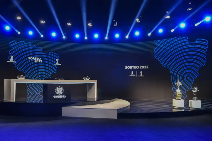View of the stage ahead of the draw for the round of sixteen of the Copa Libertadores and Copa Sudamericana football tournaments at the Conmebol headquarters in Luque, Paraguay, on May 27, 2022. (Photo by NORBERTO DUARTE / AFP)
