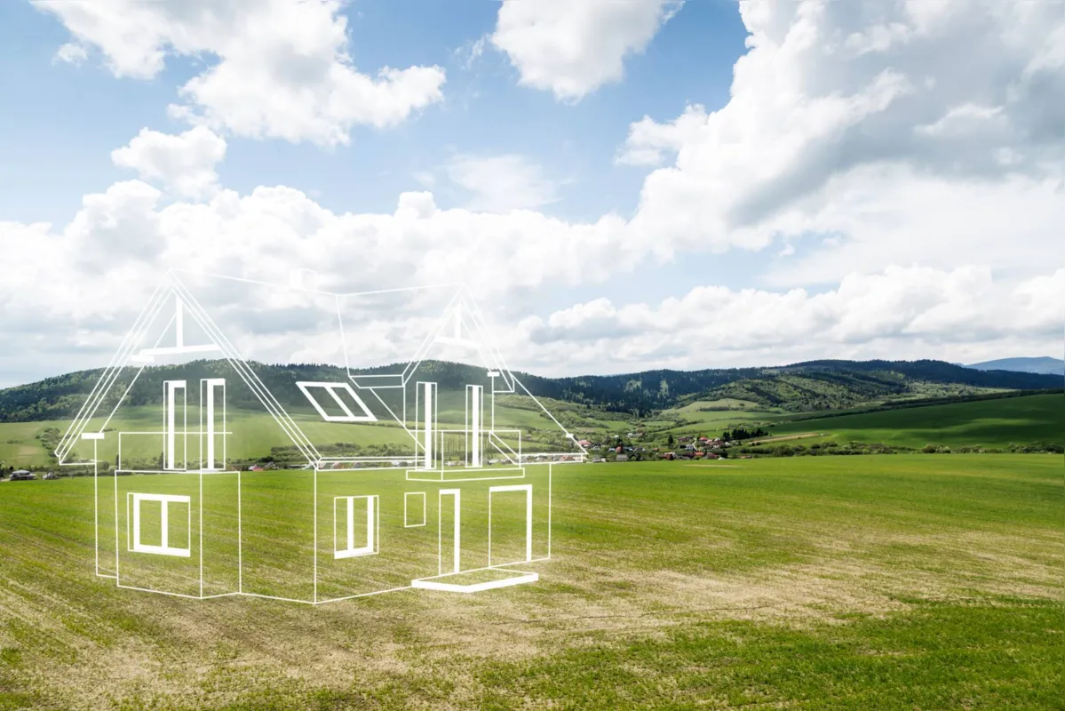 House project on the meadow. Concept of dreams about a new home. Contours of the house in 3d on a meadow.