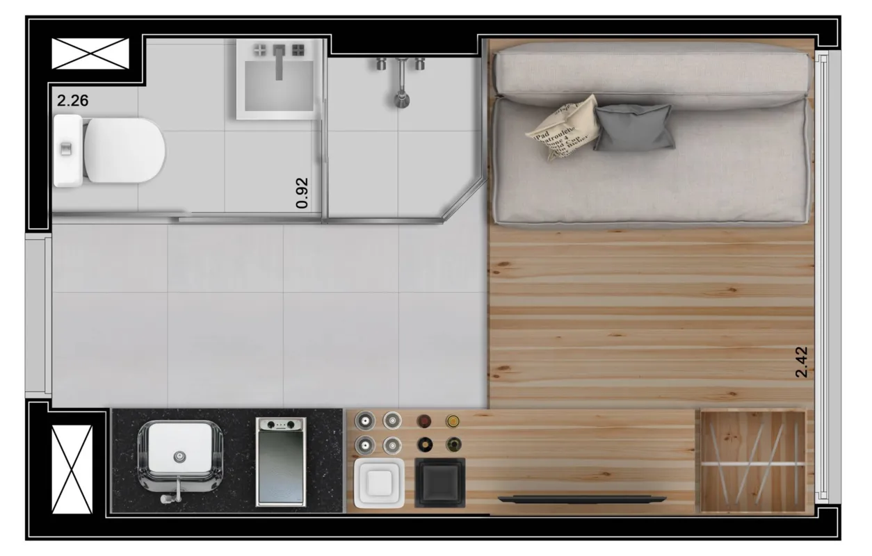 Planta do apartamento de 10m2 em São Paulo: área comum tem espaços compartilhados como lavanderia e academia