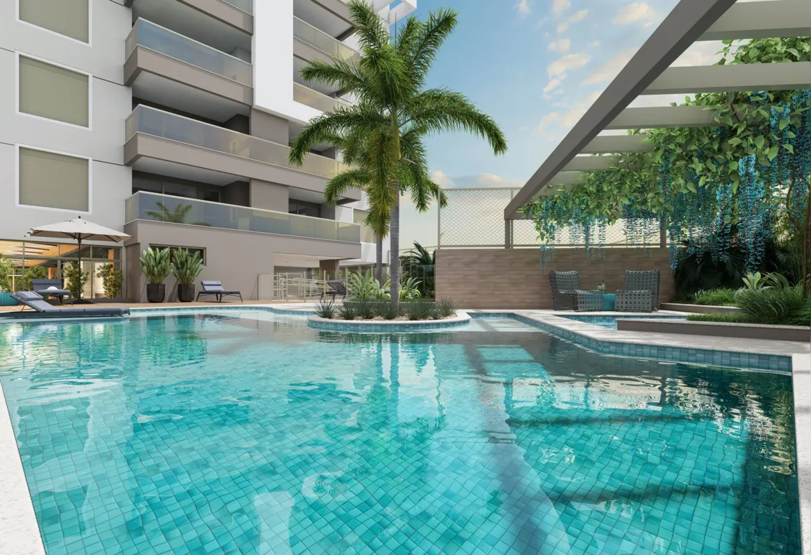 Empreendimento conta com amplo espaço de lazer diferenciado com quadra de beach tennis, piscinas climatizadas com spa, minimercado e espaço para delivery