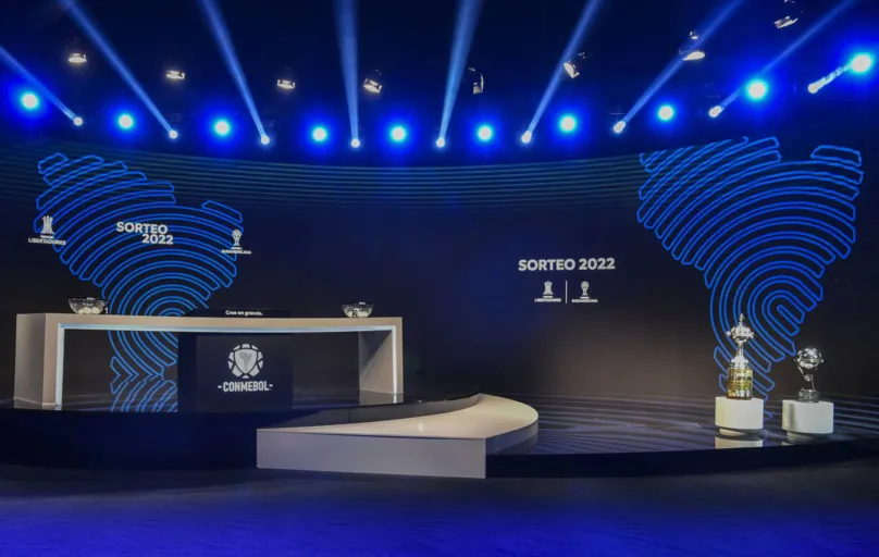 View of the stage ahead of the draw for the round of sixteen of the Copa Libertadores and Copa Sudamericana football tournaments at the Conmebol headquarters in Luque, Paraguay, on May 27, 2022. (Photo by NORBERTO DUARTE / AFP)