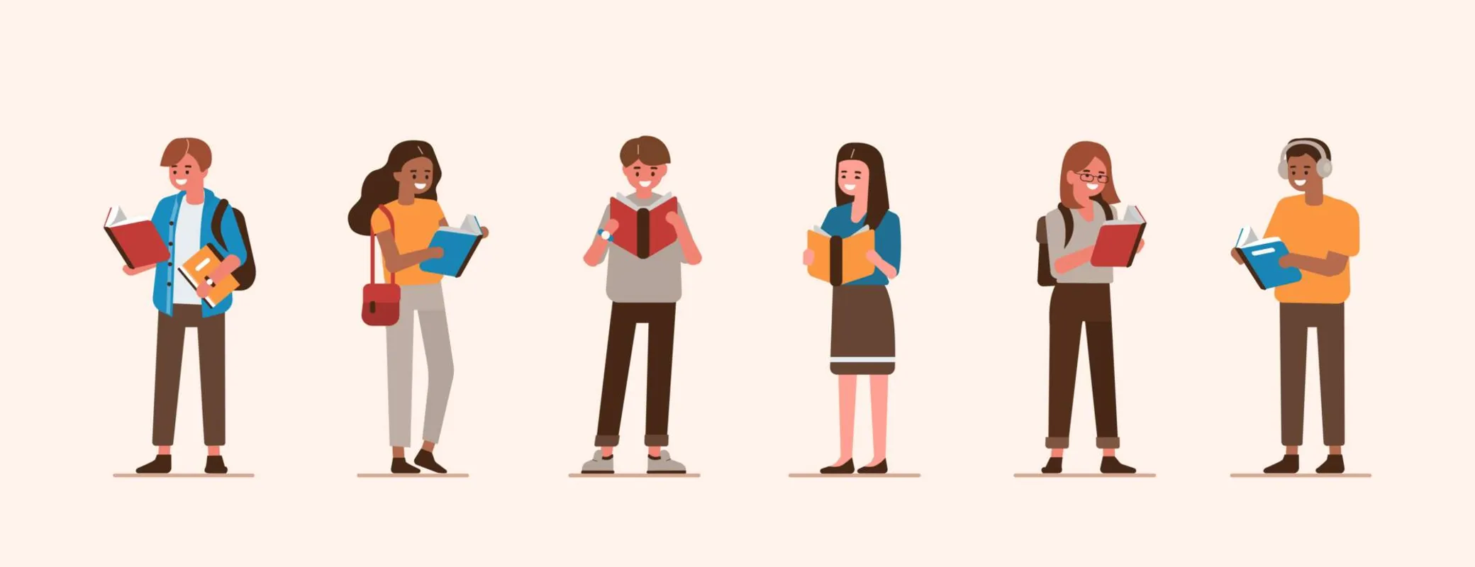 Young people love to read. Group of male and female students with open books in hands. Man and woman characters study together. Education concept. Flat cartoon vector illustration isolated.