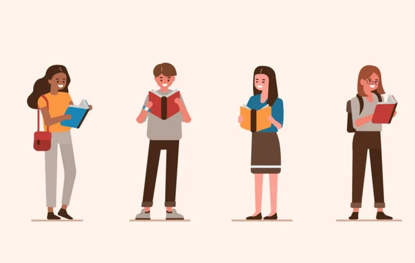 Young people love to read. Group of male and female students with open books in hands. Man and woman characters study together. Education concept. Flat cartoon vector illustration isolated.