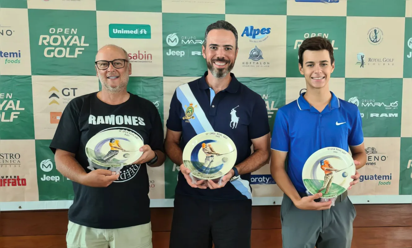 Leonardo Gracia Neto, do Santa Mônica Clube de Campo, 2° lugar na categoria M4, Antônio Carvalho, do Alphaville Graciosa Clube, 1° lugar, e Rafael Crespi, do Londrina Golf Club, 3° lugar