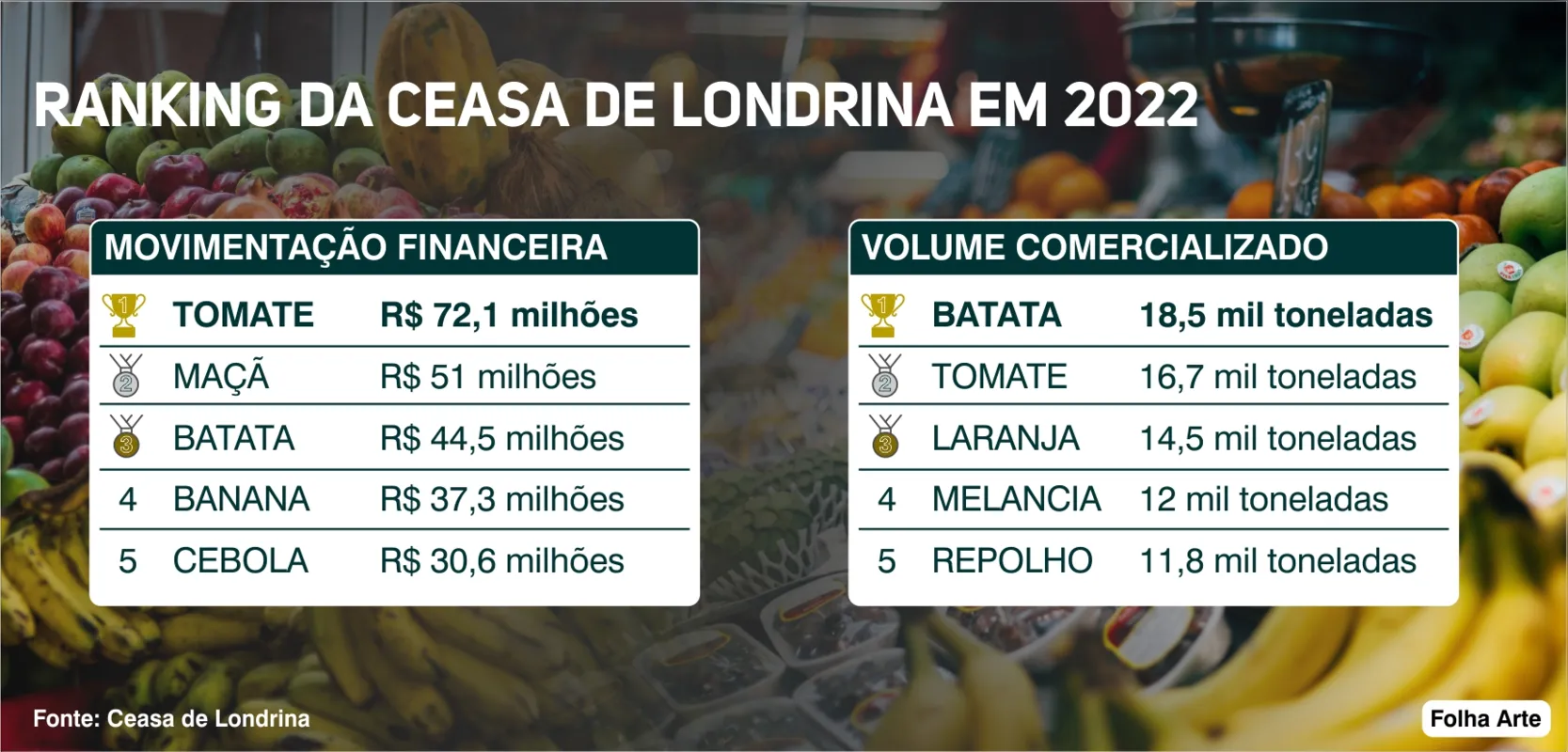 Imagem ilustrativa da imagem Ceasa divulga ‘Top 5’ dos produtos em 2022