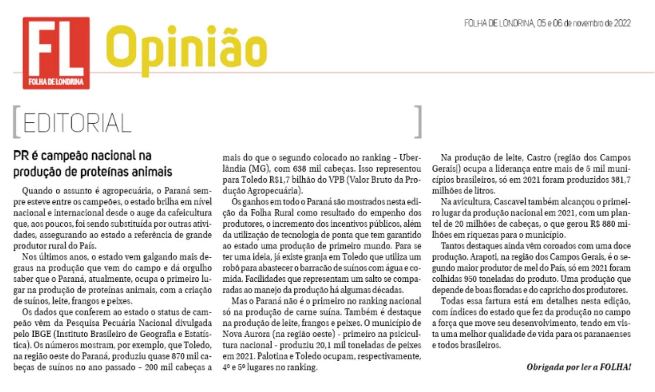 Imagem ilustrativa da imagem EDITORIAL - PR é campeão nacional na produção de proteínas animais