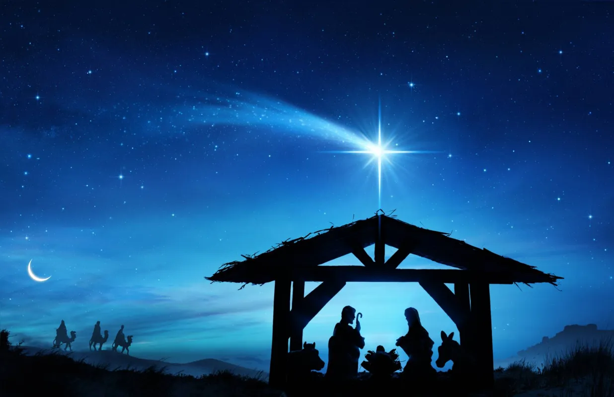 Nativity characters in the holy night - The village on the left is the village of Lindos in Island Rhodes - the figures are silhouettes of shepherds statue, the cave and dunes are mix media not real