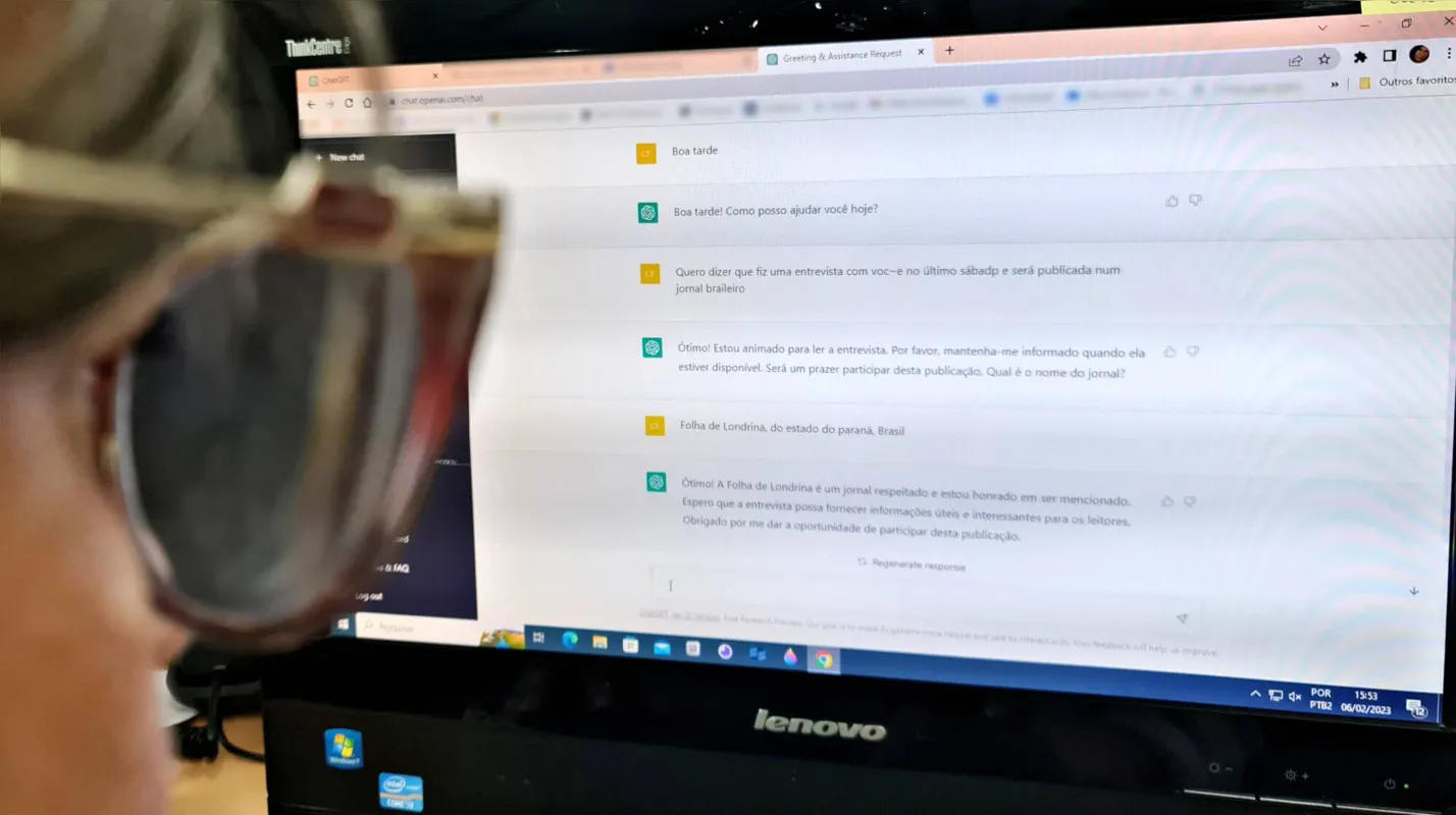 Após a entrevista, o ChatGPT quis saber o nome do veículo onde a entrevista seria publicada.. A jornalista respondeu que na Folha de Londrina, e que ainda iria corrigir alguns errinhos humanos nas perguntas