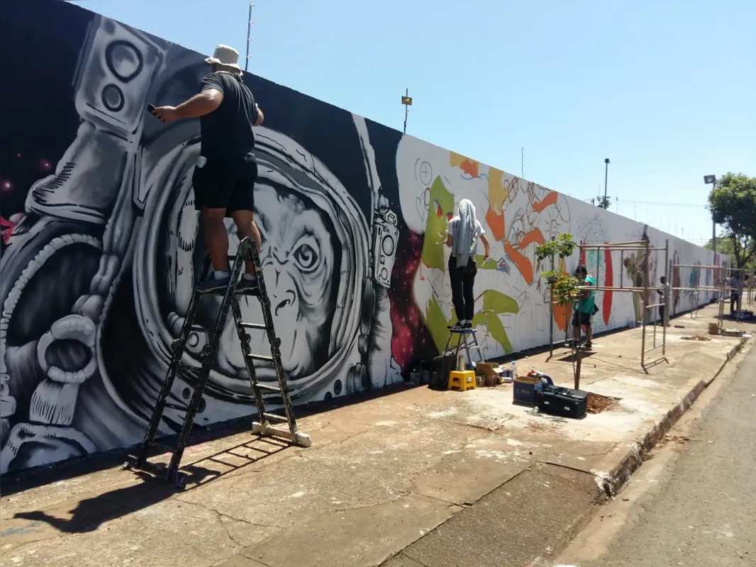 Imagem ilustrativa da imagem Grafiteiros colorem muros de empresa de ônibus