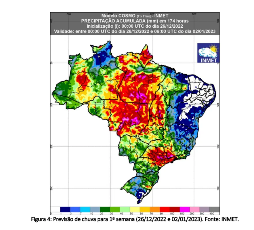 O instituto informa que a quantidade de chuva pode chegar a 60 mm/h ou até 100 mm/dia, com ventos que podem atingir 100 km/h, além de queda de granizo nos próximos dois dias.