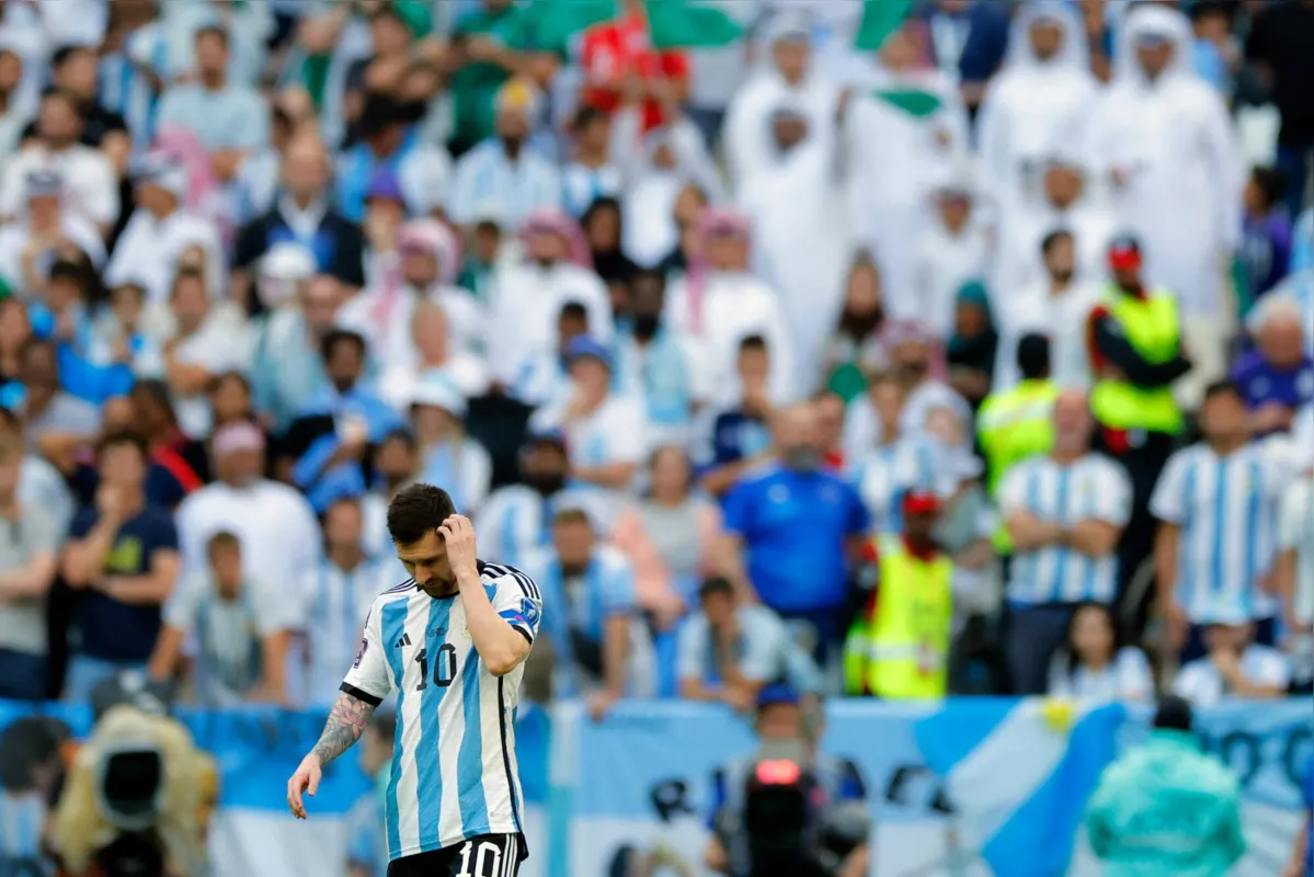 Argentina's forward #10 Lionel Messi reacts to a missed chance during the Qatar 2022 World Cup Group C football match between Argentina and Saudi Arabia at the Lusail Stadium in Lusail, north of Doha on November 22, 2022. (Photo by Odd ANDERSEN / AFP)
