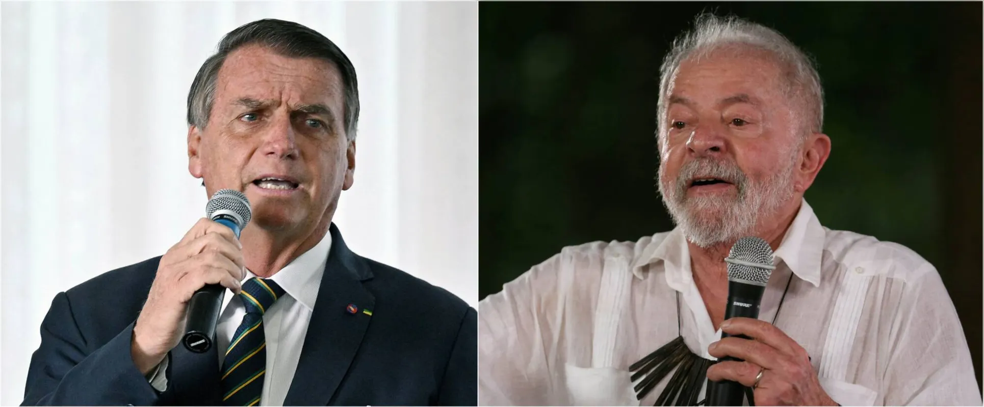 (COMBO) This combination of file pictures created on October 07, 2022 shows Brazilian President and re-election candidate Jair Bolsonaro (L) speaking during a meeting with elected lawmakers at Alvorada Palace in Brasilia on October 6, 2022, and Brazilian former President (2003-2010) and presidential candidate for the leftist Workers Paty (PT) Luiz Inacio Lula da Silva, speaking during an election rally about sustainable development in Manaus, Brazil, on August 31, 2022. - Brazil's bitterly divisive presidential election will be decided in a runoff on October 30 as incumbent Jair Bolsonaro beat first-round expectations to finish a closer-than-expected second to front-runner Luiz Inacio Lula da Silva in the October 2 first round. (Photo by EVARISTO SA and MICHAEL DANTAS / AFP)