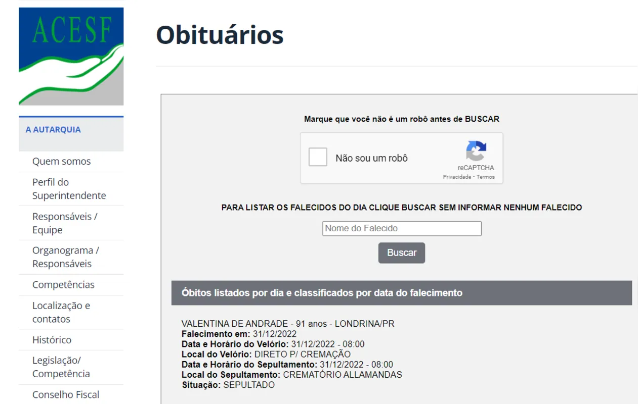 Obituário foi publicado no site da Acesf (Administração dos Cemitérios e Serviços Funerários de Londrina )