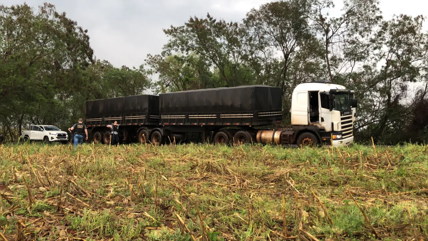 O motorista de um caminhão que trafegava na PR-323 saiu da rodovia com a carreta para fugir da abordagem e acabou parando o veículo em uma plantação.