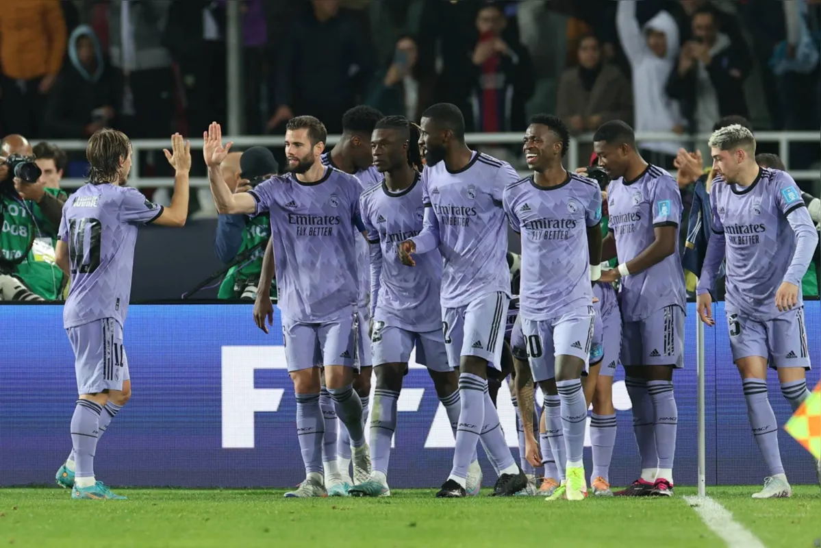 Real Madrid's players celebrate their third goal during the FIFA Club World Cup semi-final football match between Egypt's Al-Ahly and Spain's Real Madrid at the Prince Moulay Abdellah Stadium in Rabat on February 8, 2023. (Photo by FADEL SENNA / AFP)