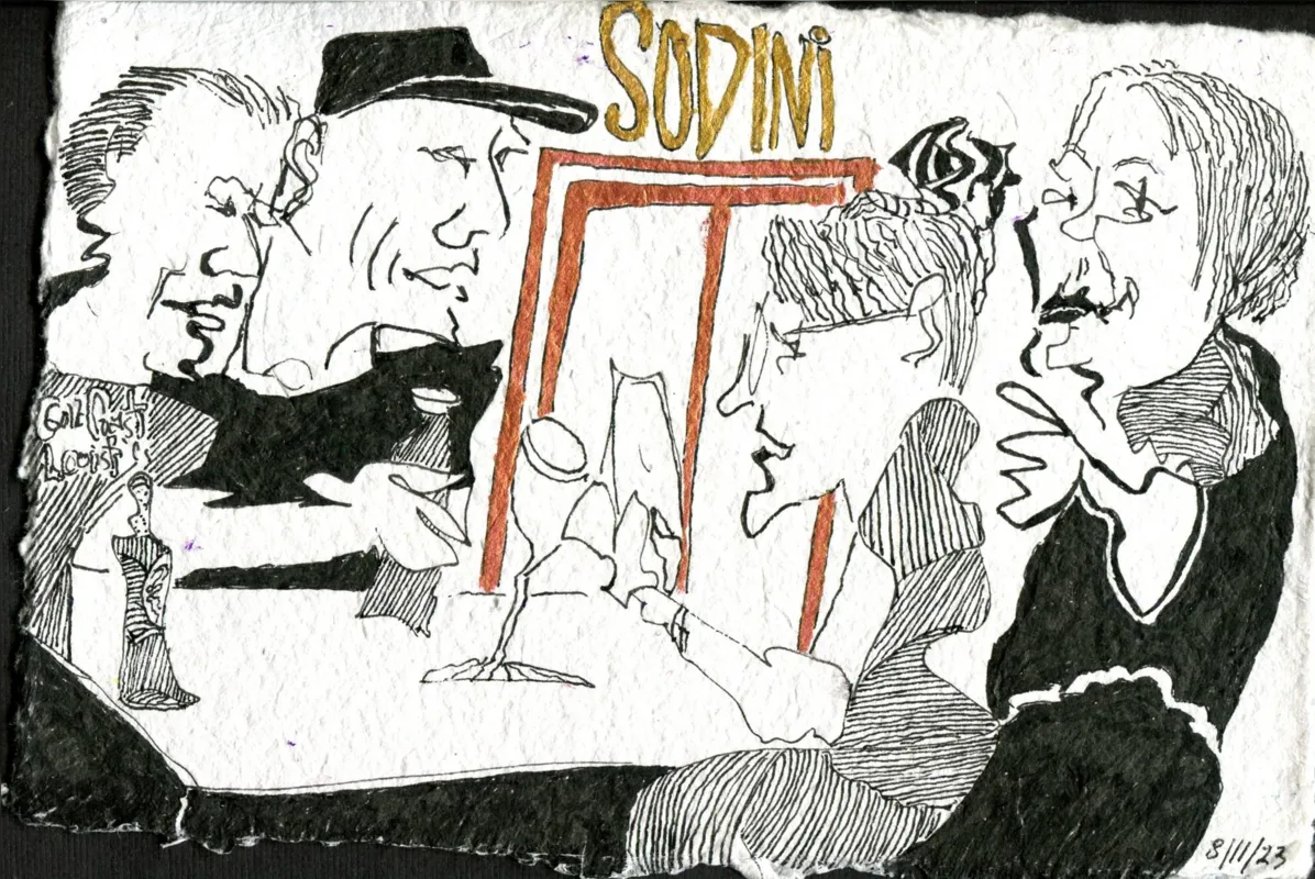 Desenho que Ann Cohen fez em agosto passado tendo como tema os
frequentadores do restaurante Sodini em North Beach, San Francisco