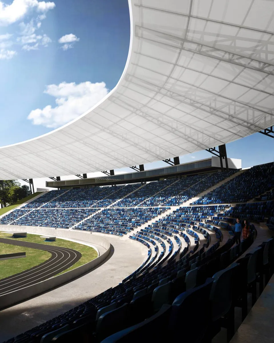 A intervenção mais significativa é a instalação de uma cobertura única, em formato oval, que cobre todo o estádio