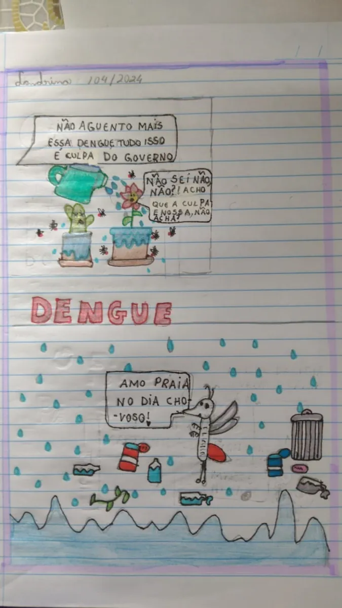 Alunos da Escola Municipal Professora Corina Mantovan Okano participam da campanha contra a dengue com atividades como a produção de charges