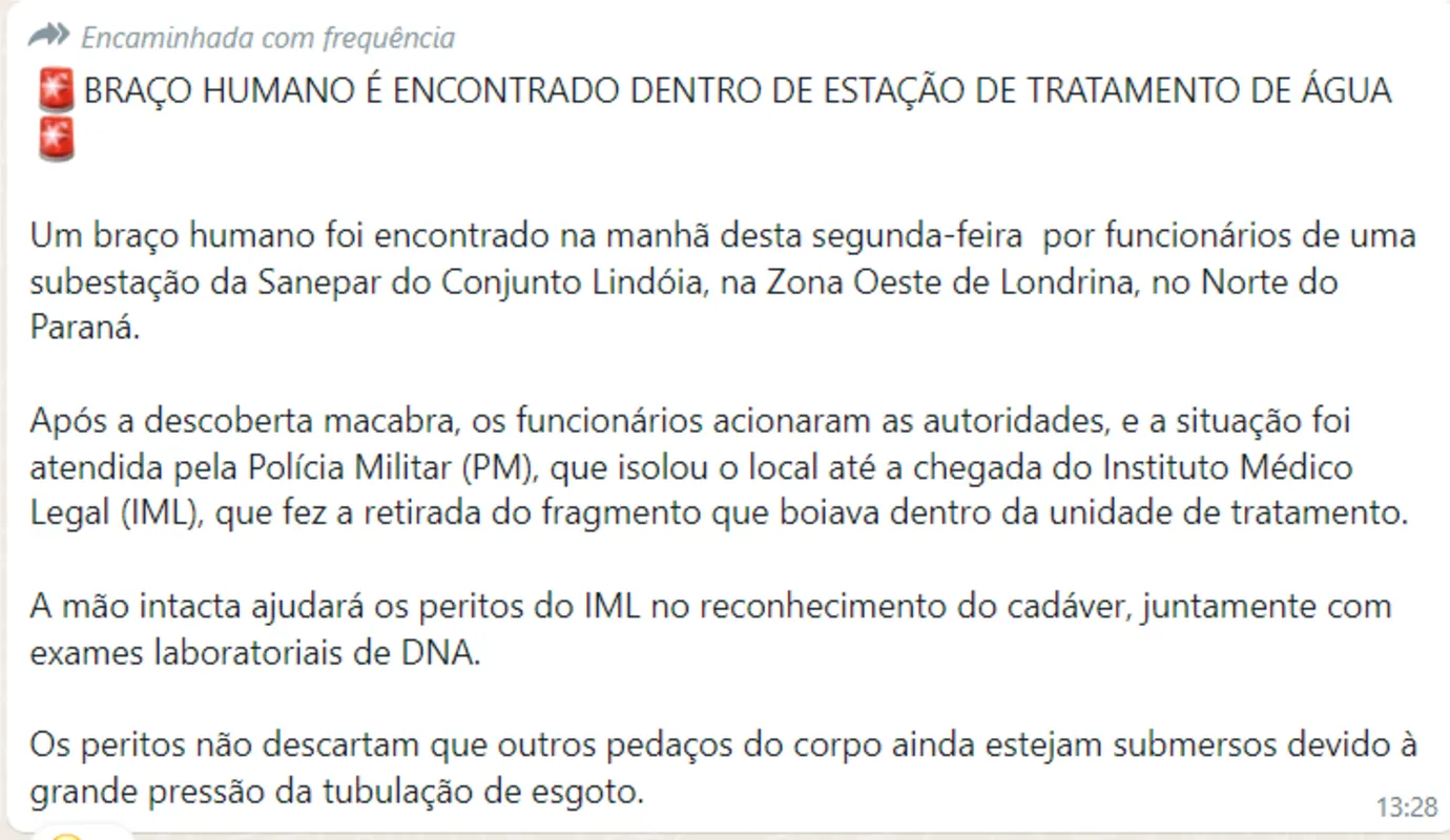 Imagem ilustrativa da imagem 'Braço encontrado dentro de estação de tratamento' é notícia velha