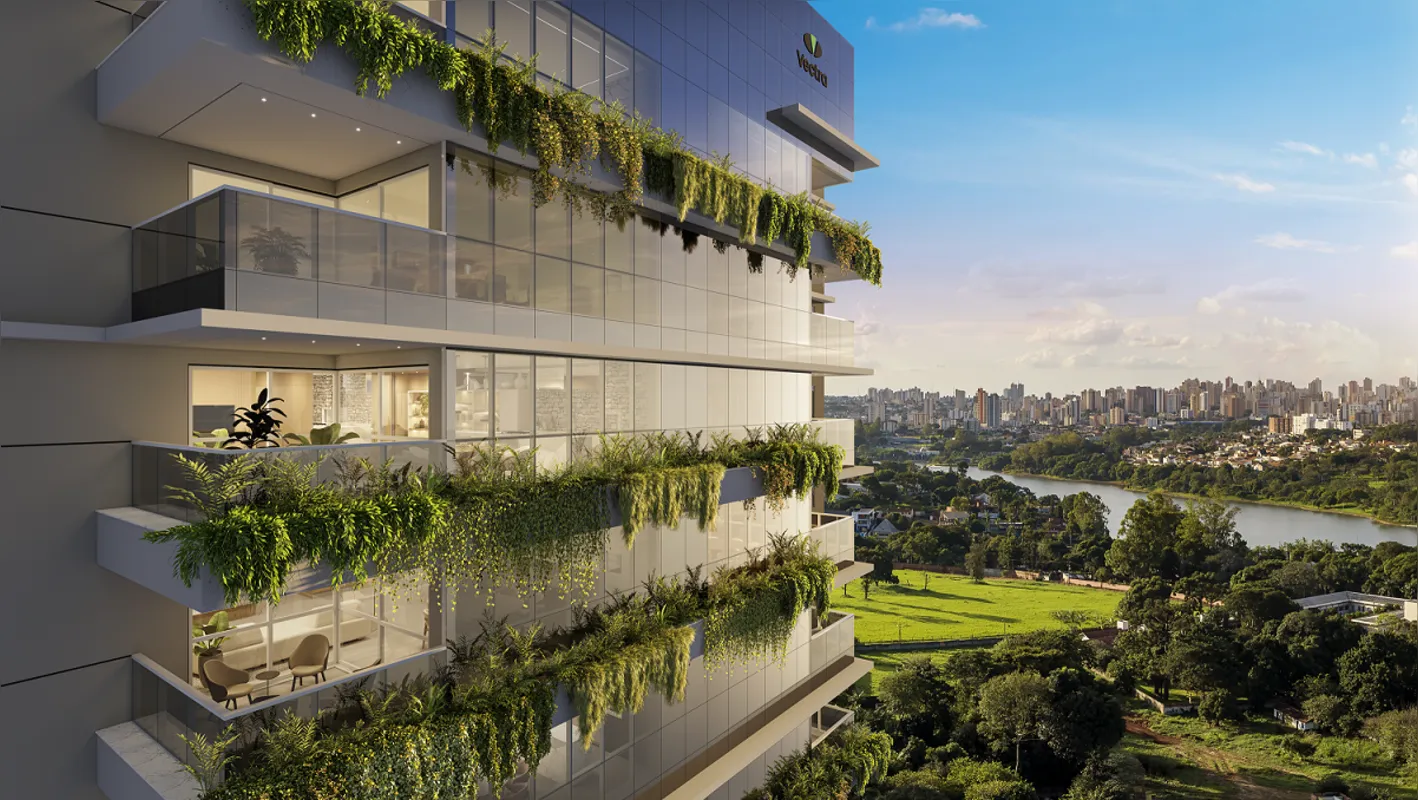 A fachada verde e a integração com a natureza estão entre os destaques do novo lançamento da Vectra na Nova Prochet.