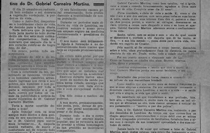 O jornal Paraná-Norte, de 2 de maio de 1943, informa sobre a morte do Dr. Gabriel Martins, uma perda que consternou a cidade