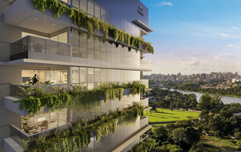 A fachada verde e a integração com a natureza estão entre os destaques do novo lançamento da Vectra na Nova Prochet.