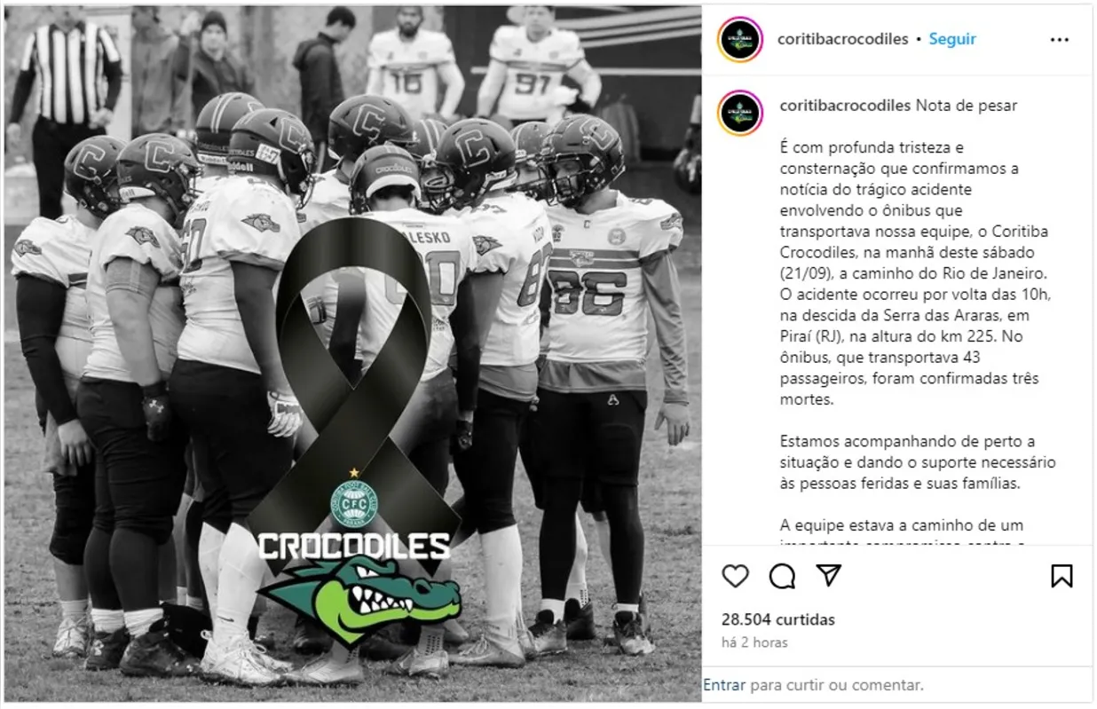 Imagem ilustrativa da imagem Atletas de futebol americano de Curitiba morrem em acidente no RJ