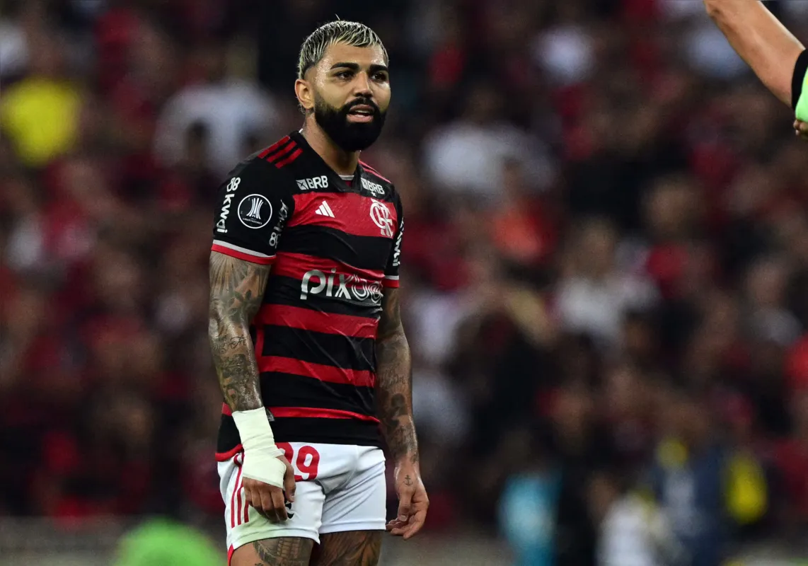 Colombian referee Wilmar Roldan indicates the offside position of Flamengo's forward Gabriel Barbosa during the Copa Libertadores round of 16 first leg football match between Brazil's Flamengo and Bolivia's Bolivar at the Maracana stadium in Rio de Janeiro, Brazil, on August 15, 2024. (Photo by Pablo PORCIUNCULA / AFP)